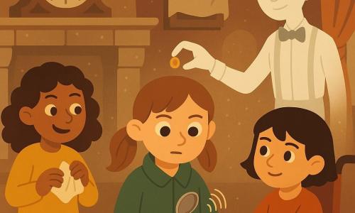 Quatre personnages dans un vieux salon poussiéreux : Inès, 7 ans, cheveux châtain clair en couette, manteau vert, debout au centre, tient une montre ancienne argentée qu'elle ouvre tandis que l'ombre lumineuse d'Éli, gardien du temps pâle et translucide au fond près d'un grand miroir, tend une petite pièce dorée qui s'insère dans la montre et fait naître un tic-tac; à gauche Maëlys, 7 ans, cheveux bouclés bruns, pull jaune, sourit en tenant une feuille froissée, à droite Zoé, 7 ans, cheveux courts noirs en fauteuil roulant rouge, pose sa main sur le poignet d'Inès; autour, manteau de cheminée en pierre avec une pendule arrêtée, tableaux drapés, rideaux épais, lumière chaude d'une lampe à huile et poussière flottante, ambiance de conte légèrement effrayant mais chaleureuse.