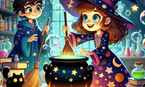 Au centre de l'image, Lilou, une petite sorcière de sept ans avec un chapeau pointu, un sourire éclatant et des yeux malicieux, fait danser son balai magique au-dessus d'un chaudron fumant, entourée de bulles de savon. À sa droite, un jeune sorcier aux cheveux bouclés et lunettes rondes l'observe, vêtu d'une robe bleue et tenant une baguette scintillante. À gauche, un vieux chat noir nommé Moustache se prélasse sur un livre de magie, semblant surveiller les aventures de Lilou. Le décor est la salle de potions de l'École de Sorcellerie de Bouillon-Mystère, remplie de fioles, de livres de sorts et de plantes magiques. Lilou concocte une potion qui jaillit d'étincelles et de bulles colorées, tandis que son balai s'élève dans les airs.