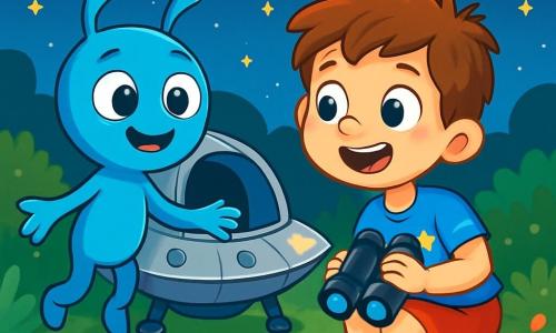 Un garçon de 6 ans, Tom, avec des cheveux bruns en bataille et des yeux curieux, se tient devant un petit vaisseau spatial argenté, souriant d'émerveillement. Il porte un t-shirt bleu avec des étoiles et un short rouge, accroupi avec des jumelles à la main, prêt à explorer. À ses côtés, Lilo, un extraterrestre bleu aux grands yeux ronds et au sourire amical, flotte légèrement. Le jardin est rempli de fleurs colorées et de buissons verts, sous un ciel étoilé. Tom, curieux, regarde Lilo qui lui tend la main pour l'inviter à entrer dans le vaisseau spatial, créant une atmosphère magique pleine d'excitation et de promesses d'aventure.