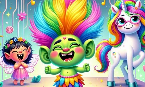 Un troll joyeux nommé Turlututu, avec une peau verte et des cheveux arc-en-ciel, se tient au centre de l'image en riant. Ses grands yeux pétillants brillent d'excitation alors qu'il chatouille une plume géante. À ses côtés, Pétillante, une petite fée aux ailes scintillantes et cheveux dorés, vole joyeusement, prête à rire. Plus loin, Alunettes, la licorne aux lunettes roses, sourit avec reconnaissance, ses crins multicolores flottant au vent. Le décor est celui du Labyrinthe des Rêves, avec des murs de nuages multicolores et des fleurs chantantes. Turlututu fait sa fameuse blague-patate, provoquant un éclat de rire général, tandis que le labyrinthe s'illumine de couleurs vives, ouvrant un passage vers la sortie.