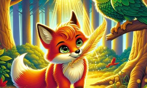 Un jeune renard nommé Flamme, avec une fourrure orange et des yeux curieux, se tient au centre de la clairière, tenant une plume d'or entre ses dents. Il affiche une expression d'émerveillement et de détermination, prêt à découvrir les secrets de la forêt. À sa droite, une chouette nommée Émeraude, aux plumes vertes et aux grands yeux sages, le regarde avec bienveillance, perchée sur une branche. La clairière est illuminée par une lumière dorée, entourée d'arbres aux feuilles vibrantes et de fleurs colorées. Flamme découvre la plume d'or, symbole de sa future aventure, tandis qu'Émeraude l'encourage, soulignant l'importance de la magie et du courage.