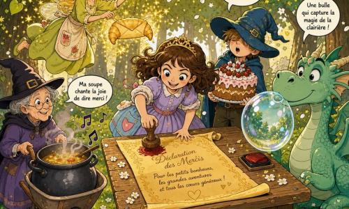 Princesse Lila, souriante et malicieuse, robe pastel à poches, tamponne une grande feuille de parchemin dorée sur une table en bois; Pépito, garçon d’environ 10 ans au chapeau trop grand, tient un gros gâteau et observe émerveillé derrière elle; Fée Marjolaine, cheveux blonds, vole à gauche en faisant tournoyer des paillettes autour d’une enveloppe en forme de croissant; Dragon Fripon, écailles vert-menthe, souffle une bulle de savon translucide à droite; Madame Trille, vieille sorcière bienveillante au chapeau pointu, pousse une marmite fumante sur une brouette; lieu : Clairière des Merci, herbe veloutée et cercle de tilleuls en fleurs, table dressée avec tasses et enveloppes volantes; scène animée et chaleureuse, rires, bulles, fleurs et paillettes flottent, lumière douce de fin d’après-midi, composition centrée sur la table et le parchemin.
