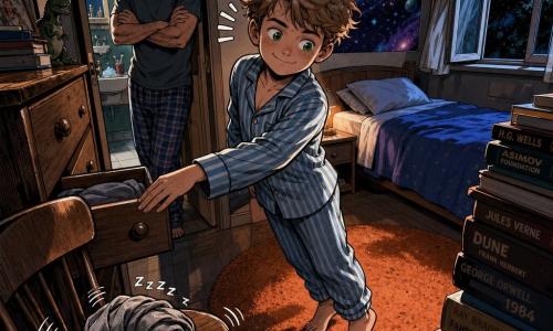 Garçon de 12 ans souriant et concentré, cheveux châtain clair en bataille, yeux verts, en pyjama rayé bleu et blanc, sur la pointe des pieds fermant doucement un tiroir, paume sur la poignée, expression malicieuse et fière ; le père d'environ 40 ans, cheveux poivre et sel et barbe légère, dans l’embrasure de la porte, bras croisés et regard amusé penché en avant ; une chaise en bois au premier plan porte un pyjama gris froissé semblant « respirer » ; petite chambre chaleureuse aux murs crème, poster de galaxie au-dessus du lit, tapis orange rond, livres empilés, fenêtre entrouverte laissant une lueur de lune, éclairage nocturne doux aux tons pastel contrastés par touches vives ; instant silencieux et tendre du « pouf », gestes lents, textures marquées (bois, tissu), composition en plan moyen légèrement en plongée.