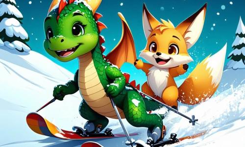 Un petit dragon vert nommé Lilo glisse joyeusement sur une pente enneigée, ses yeux brillants et un grand sourire sur le visage. Il porte des skis colorés et a les ailes légèrement déployées. À côté de lui, un renard magique nommé Zippy saute avec enthousiasme, ses grandes oreilles pointues dressées, riant joyeusement et encourageant Lilo. Zippy porte une écharpe rouge qui vole au vent. Le décor est une montagne enneigée avec des sapins couverts de neige et un ciel bleu clair. L'ambiance est joyeuse et festive, illustrant l'esprit d'amitié et de plaisir du ski.