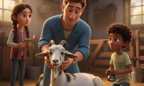 Un vétérinaire d'une quarantaine d'années au visage doux et cheveux châtain courts, en blouse bleue tachée de paille, penché et soignant délicatement une chèvre allongée, mains gantées tenant sa tête ; à gauche Camille, environ 10 ans, cheveux long tressés, yeux curieux, tenant un petit carnet debout sur la paille ; à droite Lucas, environ 9 ans, cheveux courts bouclés, sourire timide, agenouillé et tenant une lampe frontale éteinte prêt à aider ; la chèvre Clochette, blanche et tachetée, allongée sur de la paille dorée, respiration calme mais fatiguée, flancs encore humides de la naissance ; étable rustique en bois clair avec poutres apparentes, seaux en métal et lumière chaude du matin filtrant par une fenêtre poussiéreuse — intervention douce et urgente après une naissance, ambiance dramatique mais rassurante, couleurs chaudes et textures détaillées.
