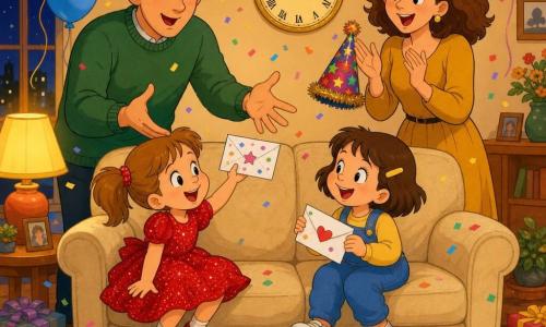 Quatre personnages dans un salon chaleureux : Zoé (~4 ans), châtain clair en couettes, robe rouge pailletée, assise à gauche du canapé, souriante en tendant une enveloppe « DANSE » ; Lina (~4 ans), brune courte avec barrette jaune, salopette bleue, assise à droite, rit en offrant une enveloppe « CALIN » ; le papa (~35 ans), cheveux courts, pull vert, debout derrière le canapé à gauche, mains prêtes à recevoir l’enveloppe, air tendre et surpris ; la maman (~33 ans), cheveux mi-longs bouclés, robe moutarde, debout derrière le canapé à droite, applaudissant et tenant un petit chapeau de fête. Le salon est coloré avec tapis crème, table basse en bois clair, assiettes de biscuits et mandarines, guirlandes en papier, ballons rose et bleu, horloge dorée indiquant presque minuit et lumière chaude d’une lampe ; c’est le Nouvel An, les filles offrent leurs vœux pendant le décompte, des confettis commencent à tomber, ambiance joyeuse, palette vive et style dessin animé années 90 aux contours doux.