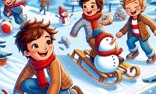 Dans un parc enneigé, quatre garçons de onze ans jouent ensemble. Lucas, au centre, tire une luge rouge. À sa droite, Hugo rit en lançant une boule de neige. À gauche, Maxime construit un bonhomme de neige avec une écharpe rouge. Enfin, Thomas s'élance sur sa luge, prêt à dévaler la colline. Le parc est couvert de neige scintillante, avec des arbres chargés de flocons. Le ciel est bleu et le soleil brille, créant des ombres douces. La scène illustre la joie et la magie de l'hiver.