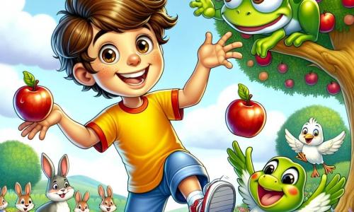 Léo, un garçon de 8 ans aux cheveux bruns et au grand sourire, jongle avec trois pommes rouges en marchant à l'envers. Il porte un t-shirt jaune et un short bleu, ses yeux brillent d'excitation. À ses côtés, Zoé, une grenouille verte, saute joyeusement pour l'encourager. Plus loin, Pipo, un pigeon, s'envole pour chanter. Le décor est un jardin ensoleillé avec des fleurs colorées et un vieux pommier. Des lapins et des oiseaux se rassemblent autour de Léo, créant une ambiance festive. Léo tente de jongler tout en marchant à l'envers, entouré de ses amis qui l'encouragent.
