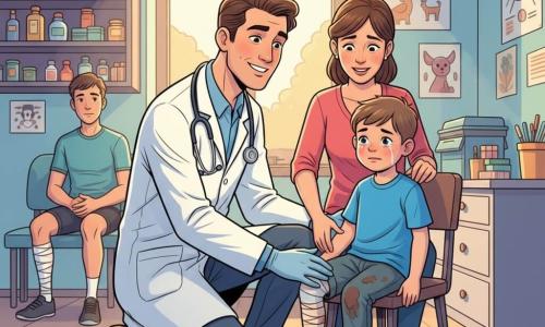 Léo, médecin confiant et doux, agenouillé près d’un garçon d’environ 6 ans au genou bandé, main gantée touchant doucement la blessure, stéthoscope argenté autour du cou, le garçon au visage rougi et aux larmes, casque de vélo rayé à côté et pantalon taché, assis sur une chaise basse près du bureau, la mère d’environ 30 ans aux cheveux attachés debout derrière lui, main serrant la sienne, soulagée mais inquiète; en arrière-plan un cycliste de 20–25 ans avec un bandage à la jambe dans la salle d’attente observant la scène; salle de consultation lumineuse aux murs pastel ornés d’affiches d’anatomie et de dessins d’animaux, étagère à boîtes colorées et grande fenêtre laissant passer un rayon de soleil; ambiance rassurante, gestes calmes et précis, couleurs vives et traits nets de style pop art.