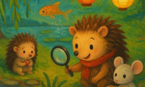 Milo le hérisson curieux et souriant, petit corps couvert de piquants bruns et écharpe rouge, tient une loupe et use d’une plume entre les algues pour pousser une bille verte brillante; Lina la petite souris gris clair ouvre une boîte de billes colorées à sa droite, un jeune hérisson timide et rougissant, assis sous un saule à gauche, serre une bille rouge contre sa poitrine, et Tom le poisson apparaît en reflet d’eau à l’arrière, sa queue projetant des gouttes irisées; la berge herbeuse aux pierres humides, nénuphars et rivière claire est éclairée par des lanternes en papier; scène joyeuse et calme où Milo récupère la dernière bille coincée tandis que ses amis l’encouragent, expressions d’entraide et de soulagement, couleurs vives et textures de peinture acrylique aux coups de pinceau doux et lumineux.