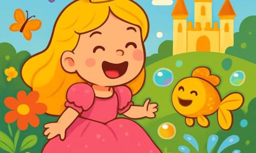 Une princesse joyeuse aux cheveux dorés et en robe rose rit dans un jardin magique. Elle est assise sur l'herbe, entourée de fleurs colorées. À côté d'elle, un petit poisson doré saute hors d'une bulle colorée, plein d'énergie. Le jardin est rempli de fleurs géantes, de papillons multicolores et d'un ciel bleu clair. Au loin, un château scintillant se profile. La princesse et le poisson dansent ensemble, entourés de bulles colorées, créant une atmosphère joyeuse et magique.