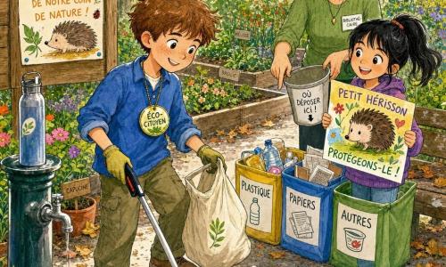 Un garçon de 10 ans au visage rond et taches de rousseur, cheveux châtains en bataille, souriant et concentré, tient une petite pince à déchets et un sac en toile avec un grand badge rond accroché à sa chemise bleue; à sa droite, Inès, environ 9 ans, cheveux noirs en queue de cheval et yeux pétillants, rit en tenant une affiche coloriée avec un hérisson; en arrière-plan, une bibliothécaire d'une cinquantaine d'années, lunettes rondes et pull vert, aide à tenir un seau et montre où déposer les déchets; la scène se passe dans un petit jardin urbain derrière un centre culturel — parterres de fleurs en rangées, banc de bois usé, robinet public avec une gourde, feuilles tombées et une affiche punaisée — où les enfants nettoient et trient plastique, papier et pots de yaourt, à côté d'une affiche « Jardin des oiseaux » et d'insectes dessinés au sol, dans une ambiance lumineuse douce aux tons verts et bruns, traits d'encre nets et touches d'aquarelle vive.