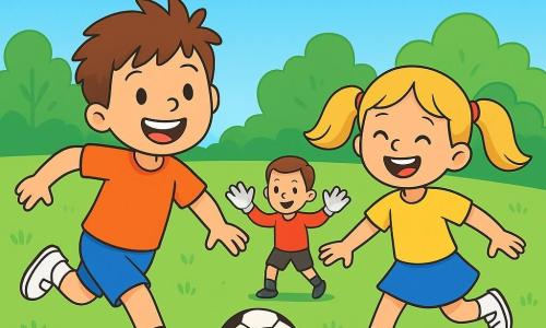 Un jeune garçon nommé Tom, âgé d'environ 8 ans, est au centre de l'image. Il a des cheveux bruns en bataille, un grand sourire et porte un short bleu vif et des baskets blanches. Il court vers un ballon de football, les bras ouverts, plein d'énergie. À côté de lui, sa meilleure amie Emma, 7 ans, avec de longs cheveux blonds en couettes, rit et s'apprête à faire une passe. Plus loin, Max, le gardien de 9 ans, est en position de saut, vêtu d'un maillot rouge et portant des gants. Le terrain est un vaste espace vert avec de l'herbe bien tondue et des fleurs colorées, sous un ciel bleu parsemé de nuages. Tom court vers le ballon, prêt à tirer, tandis qu'Emma et Max l'encouragent, illustrant l'esprit d'équipe et la joie de jouer au football.