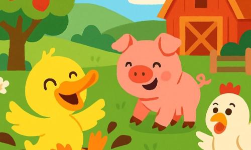 Un canard joyeux avec un plumage jaune glisse dans une flaque de boue, éclaboussant autour de lui. À côté, un cochon rose, amusé, se prépare à sauter dans la boue pour rejoindre son ami. Une poule blanche, inquiète, cherche désespérément ses œufs dorés, se tenant en retrait. La scène se déroule dans une ferme ensoleillée, entourée de champs verdoyants et de fleurs colorées, sous un ciel bleu avec des nuages. Le canard et le cochon s’amusent ensemble en cherchant les œufs perdus de la poule, créant une atmosphère de joie et d'amitié.
