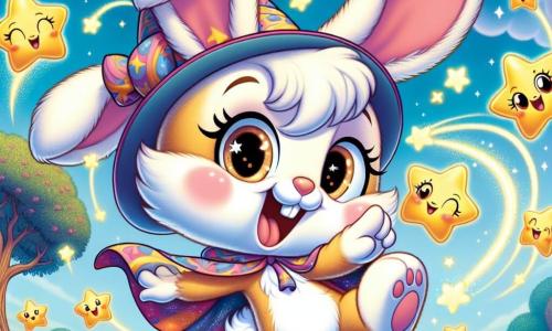 Biscotte, un jeune lapin magicien aux grandes oreilles blanches et aux yeux malicieux, danse joyeusement sous une pluie d'étoiles filantes. Son pelage doux et soyeux est agrémenté d'une petite cape colorée. Avec un large sourire, il partage sa joie. Autour de lui, des étoiles filantes souriantes dansent dans le ciel, ajoutant à la magie de la scène. Le décor est un champ verdoyant de Lapinopolis, parsemé de fleurs colorées et d'un grand chêne majestueux en arrière-plan, sous un ciel rempli de nuages cotonneux. Biscotte, le lapin rêveur, vit une aventure pleine de rires et de magie, découvrant que le plaisir et l'amitié sont essentiels.