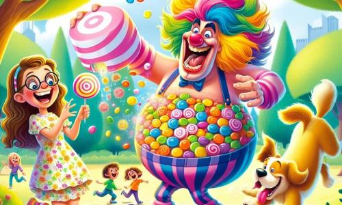 Au centre de l'image, Bob le Bizarre, un homme aux cheveux colorés, porte un costume de bonbons. Son visage exprime joie et malice alors qu'il fait apparaître une guimauve rose géante. Il est entouré de bonbons scintillants. À sa droite, Émilie, une petite fille de 8 ans avec des lunettes rondes, rit et tient une guimauve pour son chien Max, un petit chien doré qui saute joyeusement. Le décor est un parc ensoleillé avec des arbres, des fleurs colorées et un ciel bleu. La scène montre Bob amusant Émilie et Max, créant un moment magique et comique.
