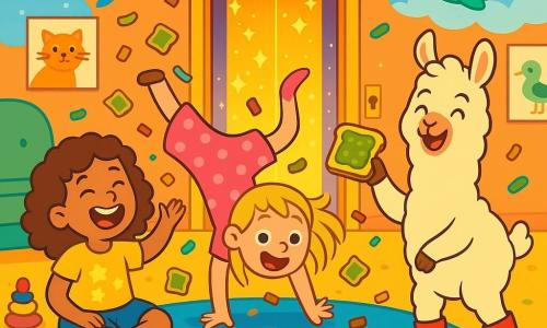 Il y a trois personnages : Emma, une fille de 7 ans aux cheveux bouclés et bruns, portant un t-shirt jaune et un short en jean, assise sur le tapis en riant ; Zoé, une fille de 6 ans avec des cheveux raides et blonds, en robe rose à pois, dansant sur ses mains ; et Loulou, un lama joyeux au pelage blanc et aux bottes rouges, debout sur ses pattes arrière, souriant avec une tartine de confiture de cornichons. La scène se déroule dans un salon coloré avec un tapis bleu vif et des murs décorés de dessins d'animaux. Au centre, un ascenseur doré s'ouvre, libérant des étincelles. Emma et Zoé, entourées de confettis en forme de tartines, rient et dansent joyeusement avec Loulou, qui s'apprête à les emmener dans un monde à l'envers, tandis que des poissons volants et des oiseaux nagent dans un lac de nuages en arrière-plan.