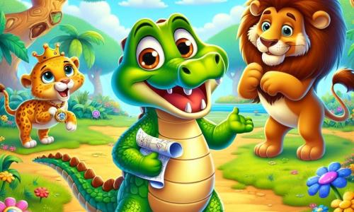 Un crocodile espiègle nommé Croco, avec un sourire malicieux et des écailles vertes brillantes, se tient au centre de la clairière, tenant une carte au trésor. À ses côtés, Léon le lion danse joyeusement, tandis que Clara la tortue applaudit en arrière-plan. La clairière est remplie de fleurs multicolores et de grands arbres, sous un ciel bleu éclatant, créant une ambiance festive. Les animaux célèbrent leur chasse au trésor, riant et jouant ensemble, entourés de bonbons colorés et de couronnes de fleurs.