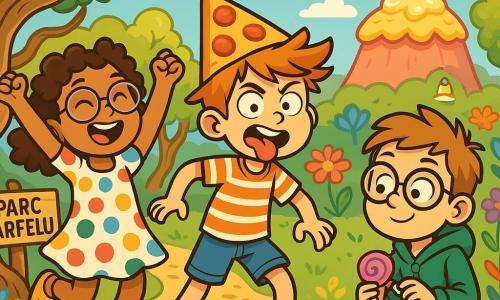 Il y a trois personnages : Samira, une fille de 9 ans aux cheveux bouclés et lunettes à ressort, vêtue d'une robe à pois colorés, qui saute de joie ; Hugo, un garçon de 10 ans avec des cheveux en bataille et un chapeau en forme de pizza, portant un t-shirt rayé et un short, qui fait une grimace comique ; et Tom, un garçon de 9 ans avec des lunettes épaisses, habillé d'un sweat à capuche vert et d'un pantalon en jean, assis par terre en train de déballer un bonbon. L'action se déroule au Parc Farfelu, un lieu magique avec des arbres tordus et des fleurs multicolores. Les trois amis se lancent dans une quête pour trouver la légendaire crotte de licorne géante, déterminés et entourés de créatures fantastiques.