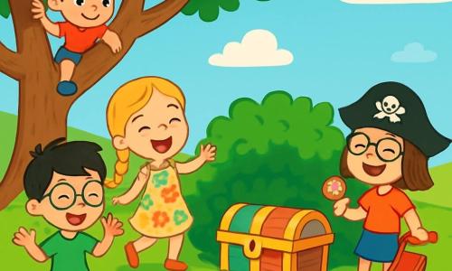 Quatre enfants jouent sur une colline verdoyante. Lucas, 8 ans, grimpe à un arbre, curieux de découvrir un trésor. Emma, 7 ans, danse joyeusement près d'un buisson. Léo, 6 ans, fait des gestes amusants en essayant d'attirer l'attention sur le trésor. Zoé, 7 ans, rit avec un bonbon à la main, portant un chapeau de pirate. Au sommet de la colline se dresse un vieux chêne, et un coffre en bois coloré est caché dans le buisson. Les enfants dansent autour du buisson, riant et chantant, sous un ciel bleu parsemé de nuages. L'ambiance est joyeuse et pleine d'aventure.
