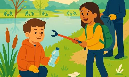 Léo, garçon de 10 ans aux cheveux châtain, est agenouillé et fier en tenant une bouteille en plastique récupérée; Nour, une fille d'environ 10 ans, sourit et lui tend une pince à déchets, sac à dos vert; un homme dans la quarantaine tient un grand sac-poubelle ouvert à l'écart. Ils nettoient la berge d'un lac au petit matin, lumière douce, roseaux et jeune saule, herbe humide et quelques détritus sur le sol, action collective de protection de la nature.