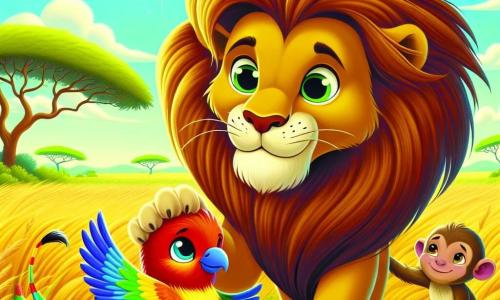 Un lion majestueux nommé Léo, avec une crinière dorée et des yeux verts, se tient au centre de la savane. Il montre de la compassion en aidant un petit oiseau triste à ses pieds. En arrière-plan, un jeune singe curieux observe la scène depuis une branche. Le décor est une savane lumineuse avec des herbes hautes, des arbres éparpillés et un ciel bleu. Léo réconforte l'oiseau perdu, prêt à l'aider, tandis que le singe sourit, illustrant l'amitié entre les animaux.