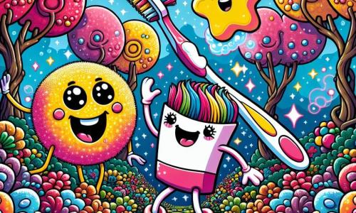 Brosse-Bosse, une brosse à dents souriante avec des poils colorés et des yeux pétillants, danse joyeusement au centre d'un jardin magique, entourée de fleurs géantes et de bulles scintillantes. À sa droite, L'éponge Éclair, une éponge jaune vif avec des bras en forme de petites mains, saute avec enthousiasme. À sa gauche, Savonnet, un savon rose en forme de cœur, flotte dans les airs, ses bulles éclatantes s'échappant de lui. Le jardin est rempli de couleurs vives, avec des arbres aux feuilles multicolores et un ciel bleu parsemé de nuages en forme de bonbons. Brosse-Bosse et ses amis s'unissent pour chasser les bulles prouteuses qui cachent le soleil, créant une atmosphère joyeuse et pleine d'énergie.