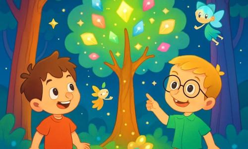 Max, un garçon de 8 ans aux cheveux bruns en bataille et aux yeux curieux, porte un t-shirt rouge et un short bleu. Lucas, 7 ans, a des cheveux blonds et des lunettes rondes, vêtu d'une chemise verte et d'un pantalon beige. Ils se trouvent dans une forêt enchantée avec des arbres multicolores et des feuilles brillantes. Des fées dansent autour d'eux. Ils découvrent un arbre magique aux feuilles scintillantes, prêts à vivre une aventure incroyable dans ce monde fantastique.