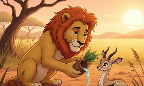Lion mâle au pelage doré et crinière rousse, penché pour verser de l'eau d'une calebasse sur la patte bandée d'une petite gazelle beige allongée près d'un trou d'eau boueux, regard soulagé; feuilles vertes dans la main du lion prêtes comme pansement; clairière de savane aux hautes herbes jaunes, grand acacia tordu, terre rouge; scène de soin et de compassion au coucher du soleil, cadrage rapproché centré sur leur échange.