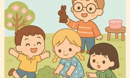Quatre enfants dans un jardin printanier ensoleillé font une chasse aux œufs de Pâques joyeuse : Sacha, garçon de 6 ans aux cheveux bruns courts, chemise jaune, tient un petit panier rouge et saute de joie ; Zoé, fille de 5 ans aux nattes blondes, robe bleue à pois, accroupie au centre ramassant un œuf bleu près d’un buisson ; Lila, fille de 4 ans aux cheveux noirs et frange, robe verte avec taches de terre aux genoux, pointe un gros œuf jaune derrière une fleur rouge ; Tom, garçon de 7 ans aux cheveux châtain clair et lunettes rondes, pull rayé orange, tient un lapin en chocolat et rit derrière Zoé ; herbe verte, petites fleurs rouges et blanches, buisson rond à gauche, pommier en fleurs en arrière-plan, petite table en bois avec un gâteau rose à droite, ambiance lumineuse, couleurs pastel, style kawaii minimal, expressions heureuses.
