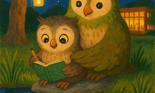 Petit hibou enfant Nilo au plumage brun-gris tient un carnet vert et dessine la surface de la mare assis sur une pierre, tandis que sa mère Liora, plus grande aux plumes mousse et brun chaud, l'entoure d'une aile ; la mare nocturne reflète un ciel étoilé avec nénuphars et herbes basses, lanternes en bocaux suspendues diffusant une lumière jaune douce, le platane du square et la silhouette éclairée d'un centre culturel apparaissent en arrière-plan, créant un moment intime, serein et tendre.