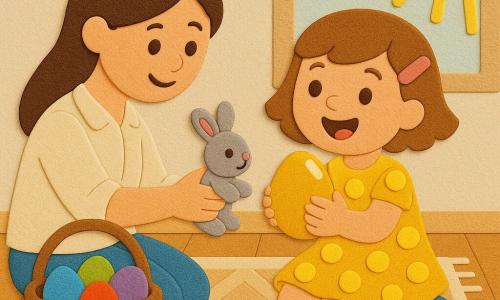 Lila, 4 ans, souriante et émerveillée, cheveux courts châtain clair avec barrette rose, robe à pois jaunes et chaussures bleues, tient un grand œuf doré brillant; sa maman d'environ 30 ans, cheveux bruns en chignon et chemise claire, assise à gauche sur le tapis, lui tend un petit lapin en peluche en la regardant avec douceur; un panier en osier rempli d'œufs colorés est posé près d'elles; salon clair au plancher bois, grande fenêtre à droite laissant passer des rayons matinaux, coussins colorés et tapis à motifs géométriques; elles trient des œufs sur le tapis, Lila vient d'ouvrir l'œuf doré et découvre le lapin, gestes tendus et expression joyeuse; composition simple, couleurs vives, formes découpées, textures mousse visibles, contours nets et ombres douces pour effet collé.
