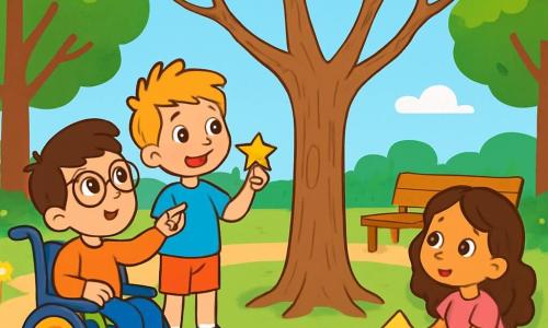 Il y a trois personnages : Léo, un garçon de 8 ans avec des cheveux bruns et des lunettes rondes, assis dans un fauteuil roulant coloré, souriant et observant un arbre. Tim, un garçon de 7 ans avec des cheveux blonds en bataille et un t-shirt bleu, se tient à côté de Léo, tenant un autocollant en forme d'étoile. Mia, une fille de 6 ans avec des cheveux longs et bouclés, portant une robe rose, est accroupie près du bac à sable, construisant un château tout en les regardant. Le lieu est un parc ensoleillé avec de grands arbres, des bancs en bois et un bac à sable doré. Au centre, un grand arbre nu attire leur attention. Léo, Tim et Mia sont en pleine enquête, entourés de l'atmosphère joyeuse du parc.