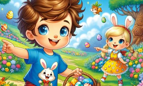 Tim, un petit garçon de 5 ans aux cheveux châtains en désordre et aux yeux pétillants, porte un tee-shirt bleu avec un grand lapin et un pantalon court rouge. Il tient un panier en osier rempli d'œufs colorés et cherche un œuf magique dans le jardin. À ses côtés, sa meilleure amie Léa, également âgée de 5 ans, avec de longs cheveux blonds tressés et une robe jaune avec des lapins, l'encourage en pointant une carotte dorée au loin. Le jardin enchanteur est rempli de fleurs multicolores, d'arbres majestueux et d'arbres en chocolat, sous un ciel bleu avec des nuages blancs. Tim et Léa, entourés de petits animaux comme des lapins et des oiseaux, participent à la chasse aux œufs de Pâques, cherchant ensemble l'œuf magique près de la carotte dorée, symbolisant l'amitié et la coopération.