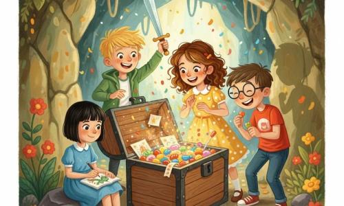 Émilie, 12 ans, cheveux châtains bouclés, robe jaune à pois blancs, sourit émerveillée en ouvrant un coffre en bois qui éclaire son visage; Lucas, 12 ans, lunettes rondes et t-shirt rouge, rit en tenant un bonbon à droite du coffre; Sara, 11–12 ans, carré noir et robe bleue, dessine un petit dragon assise sur une roche à gauche; Max, 12 ans, cheveux blonds en bataille et veste verte, brandit une épée en plastique derrière le coffre; scène dans une grotte accueillante aux murs ocres et verts, fissures lumineuses, plantes et fleurs à l'entrée, sol de feuilles et pierres polies; trésor d'amitié (bonbons, dessins, petits mots) au centre, rires, confettis imaginaires et ombres dansantes; style gouache, couleurs vives, textures visibles, atmosphère chaleureuse et ludique, composition centrée sur le coffre et les visages expressifs.
