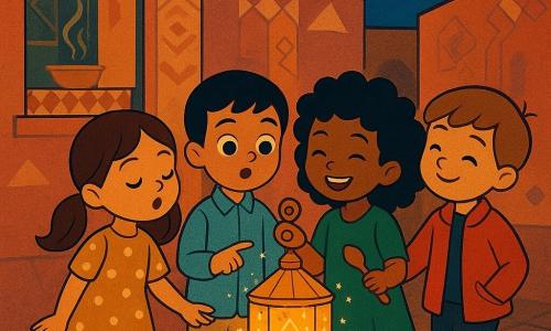 Quatre enfants se tiennent la main autour d'une lanterne en papier ambrée : Lina (fille, 7 ans, deux couettes brunes, robe jaune moutarde à pois) à gauche qui chante en regardant la lanterne ; Adam (garçon, 7 ans, cheveux courts noirs, chemise bleu ciel, pantalon beige) à côté d'elle, yeux écarquillés, pointant la lanterne ; Nour (fille, 6 ans, cheveux bouclés noirs, robe verte émeraude) à droite qui rit en tenant une petite cuillère en bois ; Sami (garçon, 7 ans, cheveux châtain clair, veste rouge, pantalon foncé) derrière les autres, faisant le petit chat en équilibre. Lieu : petite cour pavée au crépuscule, murs ocres et roses à motifs géométriques art déco, fenêtre ouverte sur une table à nappe à carreaux d'où s'échappe une vapeur de soupe, ciel indigo avec un mince croissant de lune argenté ; la lanterne posée projette des ombres en forme d'étoiles, franges et pompons. Scène : la lanterne semble chuchoter et projette des paillettes lumineuses comme des étoiles, ambiance douce et chaleureuse d'une nuit de Ramadan, style graphique à formes simples, couleurs plates et contours nets art déco.