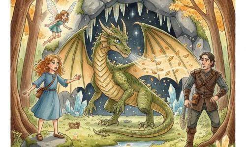 Drakos, grand dragon aux écailles vertes et dorées, yeux saphir, ailes déployées et souffle visible soulevant des feuilles, se tient prêt devant l'entrée d'une grande grotte ornée de cristaux scintillants; à sa gauche Lila, fille de 10 ans aux cheveux bouclés couleur miel et yeux verts, debout sur une pierre, visage courageux, mains tendues, petit sac à dos et robe simple; Nymia, petite fée aux ailes translucides et brillante, flotte juste au‑dessus et derrière Lila, entourée d'une douce lueur, inquiétude sur le visage; à droite, en retrait, le chasseur grand, aux habits sombres et regard obstiné, filet à la main, flèches et pièges tombés à ses pieds, surpris et intimidé; lieu : clairière de forêt enchantée avec arbres aux feuilles dorées, ruisseau scintillant, sol mousseux et cristaux lumineux autour d'une grotte sombre aux stalactites étincelantes; situation : confrontation dramatique mais pleine d'espoir — le dragon et la fillette unis défendent la grotte contre le chasseur, scène dynamique aux couleurs chaudes mêlées de verts et dorés, texture aquarelle douce, traits délicats, atmosphère magique et courageuse.