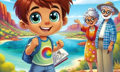 Un garçon de 8 ans, Lucas, avec de grands yeux pétillants et des cheveux châtains en bataille, se tient debout sur une colline, le sourire aux lèvres et les bras levés en signe de victoire. Il porte un t-shirt coloré et un short, tenant son carnet de dessin dans une main tout en admirant le paysage. À ses côtés, sa Mamie Colette, une femme d'environ 65 ans avec des cheveux gris en chignon et une robe colorée, l'observe avec fierté. Papi Jean, un homme de 70 ans avec une casquette et une chemise à carreaux, sourit en tenant une bouteille d'eau. Le lieu est un oasis dans l'Outback australien, avec des eucalyptus, des rochers rouges et un ciel bleu parsemé de nuages. Lucas, tout excité, a retrouvé son carnet de dessin après une petite aventure et est prêt à dessiner la beauté qui l'entoure.