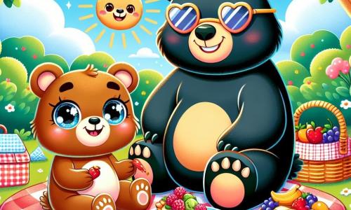 Petit Ourson, un petit ours brun aux yeux pétillants et au sourire joyeux, est assis sur une nappe à carreaux rouges et blancs, dégustant une part de tarte aux fruits avec une expression de bonheur. À côté de lui, Papa Ours, un grand ours noir avec une fourrure douce et des lunettes de soleil, sourit en tenant un panier de pique-nique rempli de délices. Ils sont dans un parc verdoyant, entourés d'arbres, de fleurs colorées et d'un ciel bleu parsemé de nuages blancs. Ils partagent un moment de joie pendant leur pique-nique d'été, sous le soleil radieux.