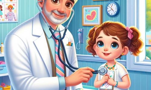 Le Dr Antoine Durand, un homme d’une cinquantaine d’années aux cheveux grisonnants et aux yeux malicieux, se trouve dans son cabinet médical. Habillé d'une blouse blanche et d'un stéthoscope, il sourit chaleureusement en examinant une petite fille nommée Zoé. Cette fillette de huit ans, aux cheveux bruns et bouclés, est assise sur la table d'examen, impatiente de montrer son dessin fait à la main. Le cabinet, lumineux et accueillant, est décoré de murs bleu pastel, de posters éducatifs et de jouets colorés. Le Dr Antoine écoute le cœur de Zoé, qui lui présente fièrement son dessin, illustrant leur lien spécial dans ce moment de soin et de réconfort.