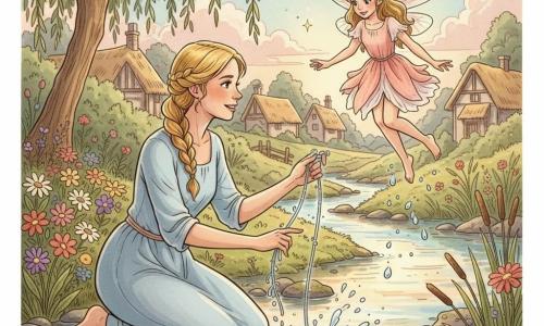 Éloïse, femme émue et bienveillante aux cheveux blonds dorés tressés et robe de lin bleu pâle, est agenouillée sur la berge d'une rivière peu profonde aux pierres moussues, décrochant doucement des lianes translucides qui emprisonnent une petite fée, Luminia ; Luminia, légère en robe diaphane rose-pêche aux ailes irisées, flotte juste au‑dessus de l'eau, visage reconnaissant et yeux lumineux; les lianes scintillent, des gouttes d'eau jaillissent comme des perles lumineuses et de petites étincelles magiques s'échappent; les rives sont couvertes de fleurs sauvages et de roseaux, un saule pleureur penche et quelques chaumières se devinent sous un ciel crépusculaire pastel; ambiance douce et enchantée, composition centrée, palette chaude, contrastes doux, traits à l'encre colorée, contours délicats et textures aquarelle.