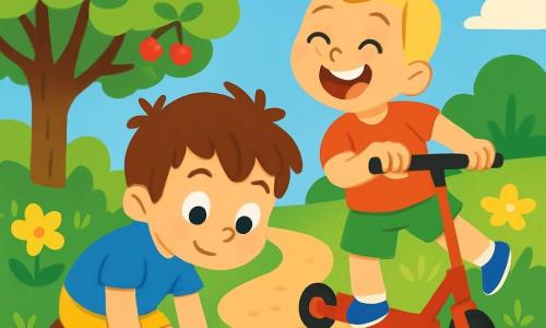 Il y a deux personnages principaux : Paul, un garçon de 4 ans aux cheveux bruns en bataille et aux yeux pétillants, portant un t-shirt bleu et un short jaune, accroupi en observant un escargot sur le chemin, et Louis, un garçon de presque 5 ans avec des cheveux blonds et un grand sourire, vêtu d'un t-shirt rouge et d'un short vert, riant à côté de Paul en faisant semblant de tomber avec sa trottinette rouge. L'action se déroule dans un jardin ensoleillé rempli de fleurs colorées et d'arbres verts, avec un cerisier chargé de cerises rouges au fond et un chemin de gravier serpentant à travers le jardin. Paul et Louis font une pause dans leur course de trottinettes, fascinés par un escargot avançant lentement sur le chemin, riant ensemble.