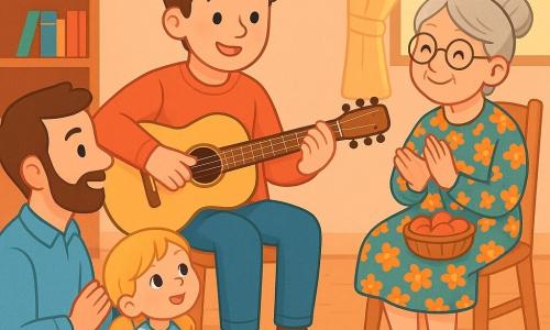Léo, visage doux, cheveux bruns en bataille, souriant et concentré, joue et chante sur une chaise en bois avec une guitare claire au centre d’un salon chaleureux aux murs pêche; à sa droite Madame Jeanne, 70 ans, cheveux gris en chignon et lunettes, en robe fleurie, tient un petit panier de pommes et applaudit tendrement; une petite fille de 6 ans aux couettes blondes, en robe rayée, est assise sur les genoux d’un ami adulte et regarde Léo émerveillée; un homme d’environ 35 ans, barbe courte et chemise bleue, est assis par terre en face et tape des mains au rythme; grandes fenêtres laissant entrer une lumière dorée, tapis rond coloré, étagère avec quelques livres et plante, ambiance conviviale, couleurs vives et formes douces, composition claire et lisible pour les enfants.