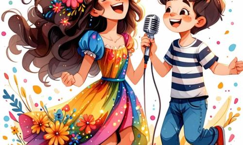 Clara, une jeune femme aux cheveux longs et bouclés, chante avec passion au micro, rayonnante dans sa robe colorée ornée de fleurs. À ses côtés, Lucas, un garçon d'environ 8 ans avec des cheveux en bataille et un t-shirt à rayures, danse joyeusement en tenant un bouquet de fleurs en papier qu'il a fabriqué pour elle. La scène se déroule en plein air, entourée d'un jardin luxuriant sous un ciel bleu. Des enfants et des parents applaudissent, créant une atmosphère festive. Clara et Lucas chantent ensemble une chanson joyeuse sur les fleurs dansantes, captivant le public avec leur énergie et leur complicité.