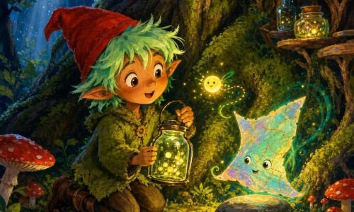 Pimprenelle, petit lutin joyeux aux cheveux vert menthe, bonnet rouge pointu et bottes brunes, tient une lanterne remplie de lucioles tandis qu'une carte vivante irisée flotte près de lui; agenouillé dans une clairière au pied d'un chêne géant — racines torsadées, mousse, champignons rouges et bocaux de rosée — il examine la carte qui indique trois chemins, l'air émerveillé et malicieux, ambiance chaleureuse aux couleurs saturées.
