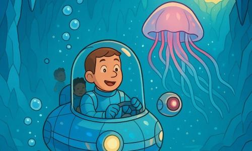 Léo, visage rond et souriant, cheveux châtains courts, porte une combinaison bleu clair et tient le volant d’un petit vaisseau sous-marin qui émerge lentement d’une grotte océanique aux parois de cristal azur ; à quelques centimètres flotte Pixie, un robot sphérique brillant à œil rose, et derrière eux une grande méduse lumineuse aux tentacules roses et bleues éclaire la scène d’un scintillement tandis que des bulles argentées montent, des reflets multicolores colorent la carlingue et une lumière dorée filtre vers la surface, l’atmosphère est magique mais tendue car la grotte commence à se refermer.