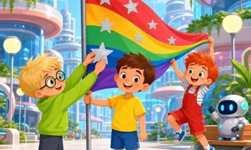 Trois garçons dans une rue d’une cité futuriste en journée : Léo (≈7 ans, cheveux bruns courts, t-shirt jaune, short bleu) tient le mât du drapeau et sourit au centre ; Max (≈7 ans, cheveux blonds en bataille, lunettes rondes, sweat vert pomme) colle une grande étoile argentée, à gauche de Léo ; Tom (≈6 ans, cheveux roux, salopette rouge) saute en agitant le coin gauche du drapeau, à droite et un peu en arrière. Le drapeau multicolore, posé sur un mât bas, flotte doucement au vent et est décoré d’étoiles brillantes. Lieu : rue large aux sols lisses, bâtiments arrondis en verre et métal aux teintes pastel avec petits jardins suspendus, lampadaires ronds et un robot amical à yeux LED bleus en arrière-plan. Atmosphère chaleureuse, ludique, couleurs saturées, traits simples et formes douces.