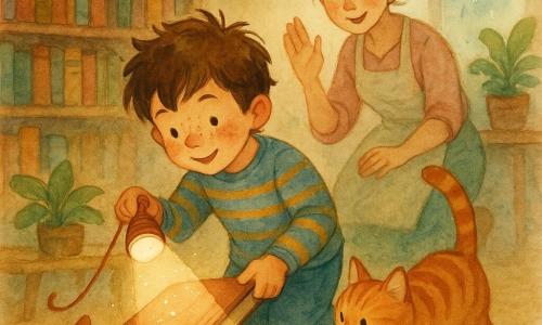 Un garçon de six ans, cheveux bruns en bataille et taches de rousseur, en pull rayé bleu et moutarde et jean usé, tient une lampe de poche au poignet et tire un livre pour révéler une boîte secrète ; sa mère souriante, la trentaine, cheveux attachés et tablier clair, accroupie derrière lui avec une main encouragante ; un chat roux tigré nommé Biscotte, assis sur le tapis, renifle le livre ; salon chaleureux avec grande bibliothèque en bois foncé, tapis simple, plante à larges feuilles et fenêtre embuée sous la pluie ; une boîte métallique brillante avec petit cadenas jaune souriant illumine la scène, poussière et éclaboussures d’aquarelle ajoutent une touche de magie.