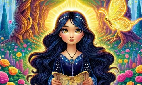 La princesse Sélène, une jeune fille aux longs cheveux noirs scintillants, se tient au milieu d'un chemin bordé de fleurs éclatantes. Son visage exprime une détermination lumineuse, avec des yeux curieux. Elle porte une robe en velours bleu nuit ornée de motifs d'étoiles argentées et tient une carte ancienne. À ses côtés, un petit papillon doré nommé Lumin vole autour d'elle. En arrière-plan, le chemin des Roses Chantantes s'étend, avec des roses aux couleurs vives et des arbres majestueux formant une voûte naturelle. Sélène est prête à choisir son chemin pour retrouver le Cœur de Cristal, affichant courage et espoir.