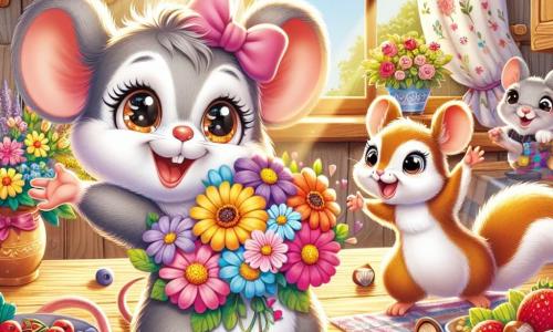Une petite souris nommée Mimi, avec un pelage gris doux et des yeux pétillants, tient un bouquet de fleurs colorées dans ses petites pattes. Elle sourit sur une table en bois, entourée de baies et de noisettes. À côté d'elle, Sacha, un petit écureuil aux poils roux, saute de joie, tandis que Léo, un lapin aux grandes oreilles blanches, rit en retrait. La scène se déroule dans une cuisine en bois, avec des rayons de soleil filtrant à travers une fenêtre ornée de rideaux à fleurs. Mimi prépare une surprise pour sa maman, un petit déjeuner délicieux et un bouquet de fleurs éclatantes, pour célébrer la fête des mères avec amour et joie.